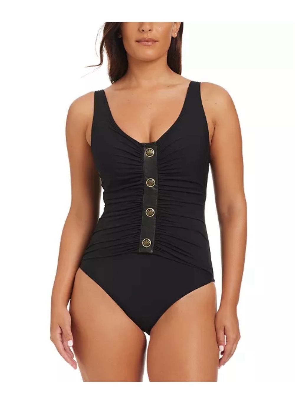 NWT Beyond Control
Women's Faux-Leather V-Neck One-Piece Swimsuit